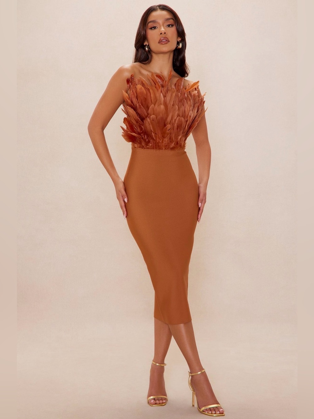 Feather-Trim Bodycon Dress (Bronze)
